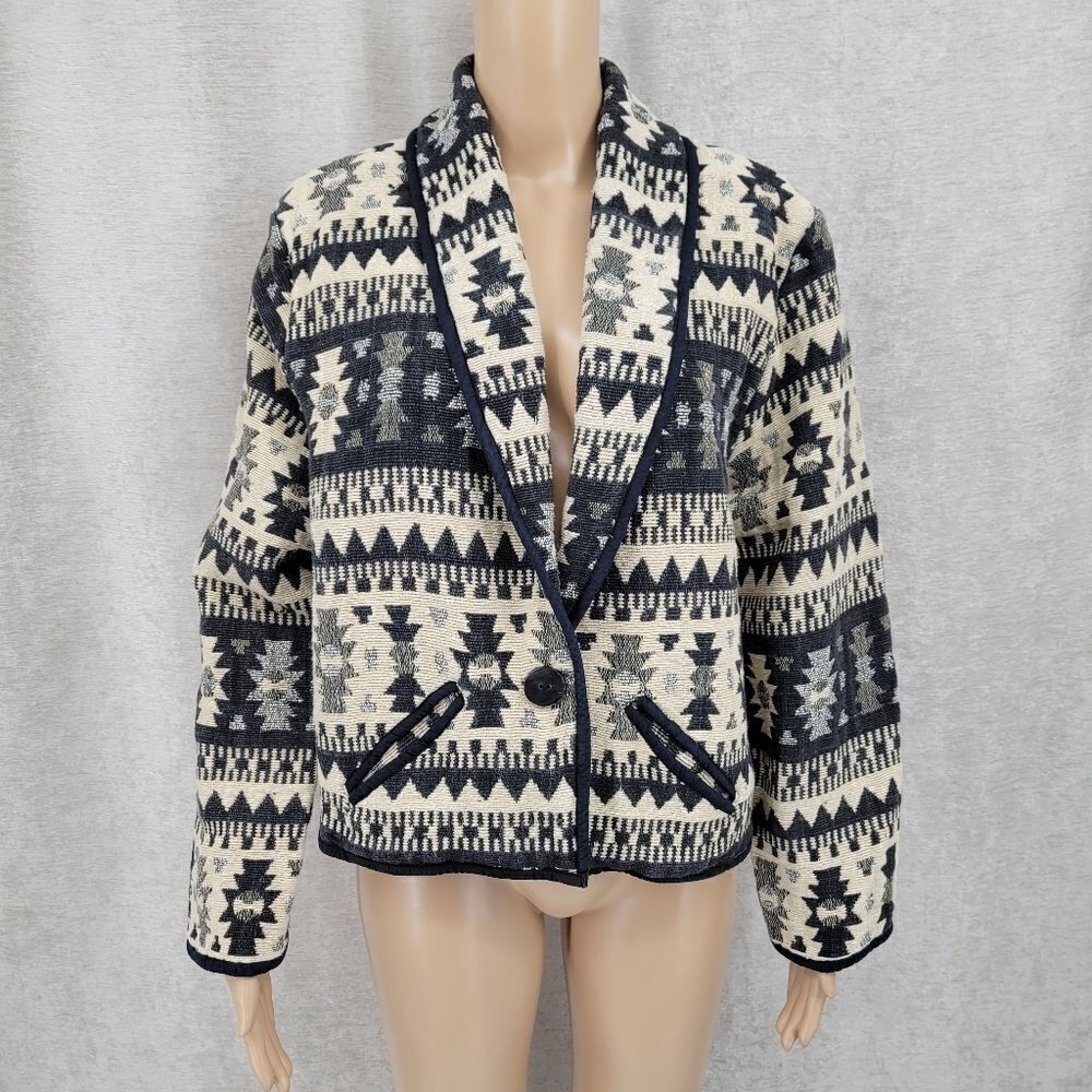 New Identity Vintage Aztec Wester Shawl Collar Cropped Tapestry Jacket Blazer